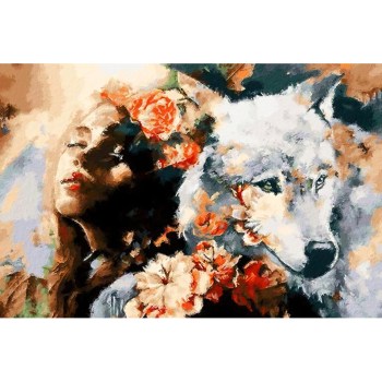 figuratief vrouw met wolf schilderij popart