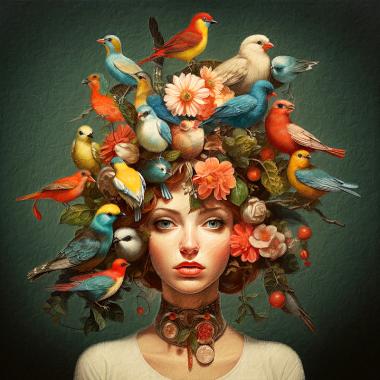 Een schilderij van een vrouw met vogels op haar hoofd