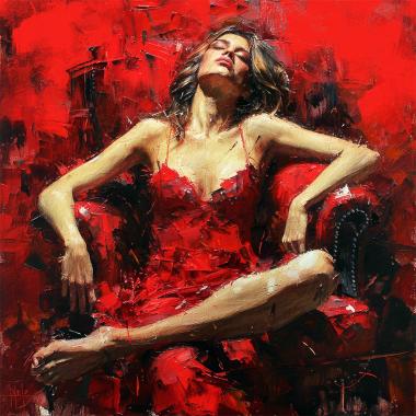 Vrouw in rood schilderij